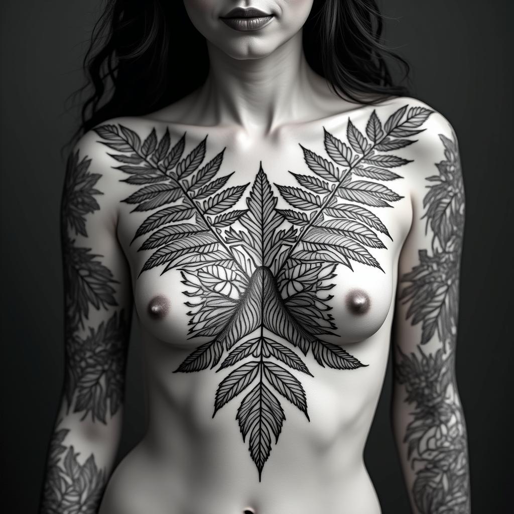 lots of fern leafs and mandela designed tropical junglein ornamental tattoo style, featuring intricate symmetrical patterns and floral designs, showcasing highly detailed line work and geometric shapes, creating a sense of elegance and balance - Variation 3