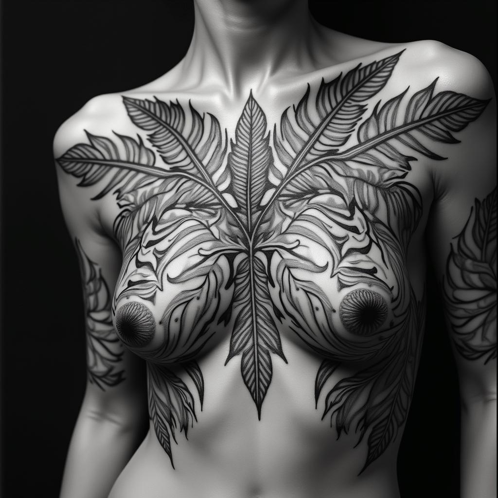 lots of fern leafs and mandela designed tropical junglein ornamental tattoo style, featuring intricate symmetrical patterns and floral designs, showcasing highly detailed line work and geometric shapes, creating a sense of elegance and balance - Variation 2