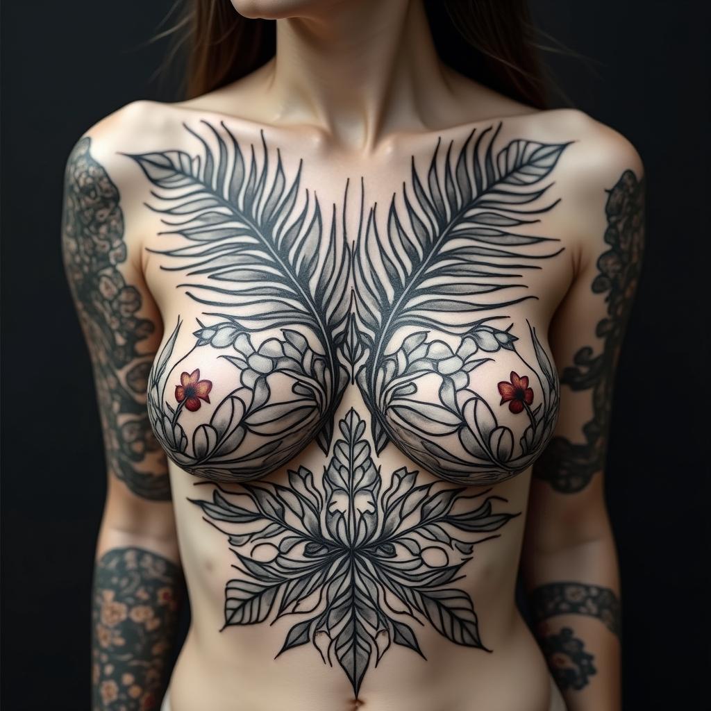 lots of fern leafs and mandela designed tropical junglein ornamental tattoo style, featuring intricate symmetrical patterns and floral designs, showcasing highly detailed line work and geometric shapes, creating a sense of elegance and balance - Variation 4