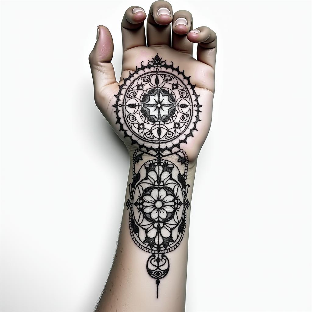Runic tattoo, woman, playful, wrist, 1. Fehu (ᚠ) – for abundance, material security, creative power
2. Uruz (ᚢ) – (not explicitly mentioned, but often used as a complement to Fehu – let me know if you want it)
3. Algiz (ᛉ) – for protection, inner guidance, spiritual connection
4. Raido (ᚱ) – for life journey, rhythm, transformation
5. Sowilo (ᛋ) – for light, joy of life, clarity, and energy
6. Laguz (ᛚ) – for intuition, healing, flowing development
7. Berkano (ᛒ) – for security, femininity, new beginningsin ornamental tattoo style, featuring intricate symmetrical patterns and floral designs, showcasing highly detailed line work and geometric shapes, creating a sense of elegance and balance - Variation 4