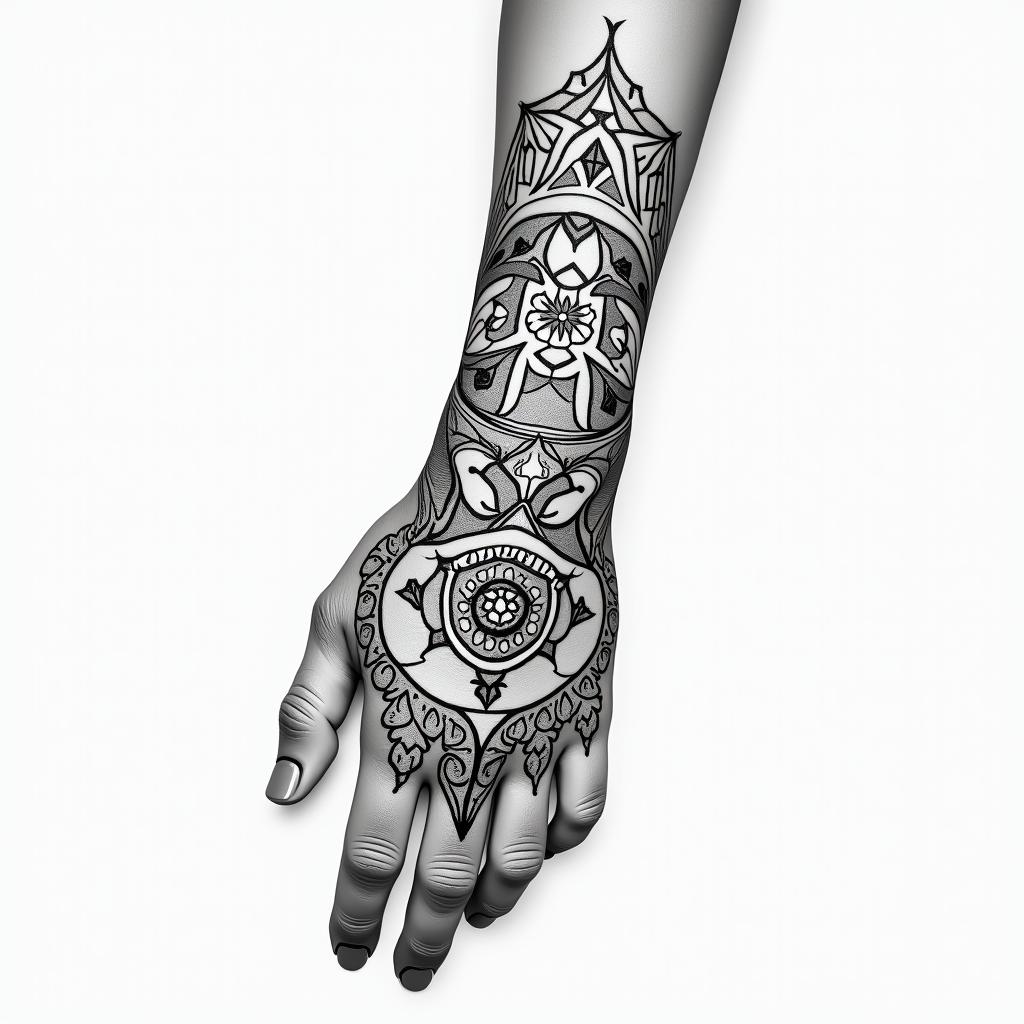 Runic tattoo, woman, playful, wrist, 1. Fehu (ᚠ) – for abundance, material security, creative power
2. Uruz (ᚢ) – (not explicitly mentioned, but often used as a complement to Fehu – let me know if you want it)
3. Algiz (ᛉ) – for protection, inner guidance, spiritual connection
4. Raido (ᚱ) – for life journey, rhythm, transformation
5. Sowilo (ᛋ) – for light, joy of life, clarity, and energy
6. Laguz (ᛚ) – for intuition, healing, flowing development
7. Berkano (ᛒ) – for security, femininity, new beginningsin ornamental tattoo style, featuring intricate symmetrical patterns and floral designs, showcasing highly detailed line work and geometric shapes, creating a sense of elegance and balance - Variation 3