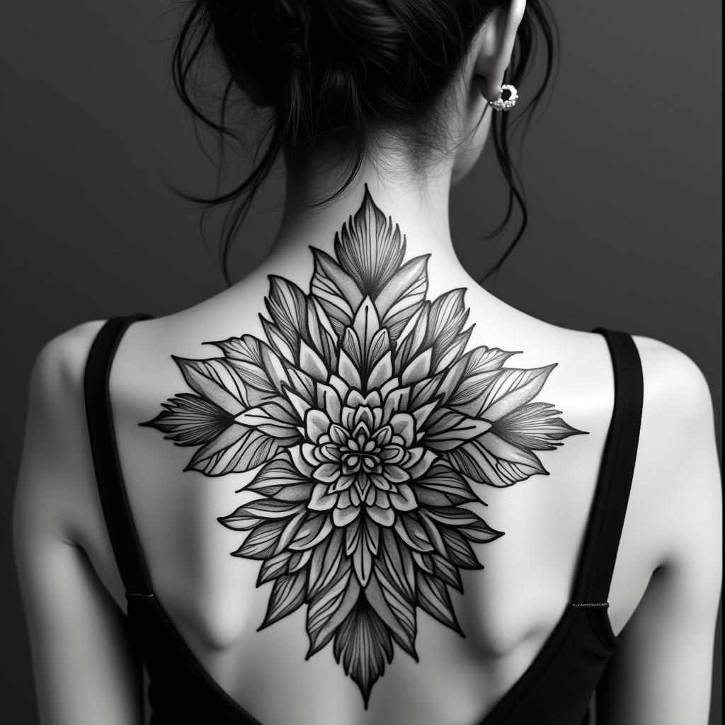 Different leafs and a tropical jungle mix with mandela artin ornamental tattoo style, featuring intricate symmetrical patterns and floral designs, showcasing highly detailed line work and geometric shapes, creating a sense of elegance and balance
