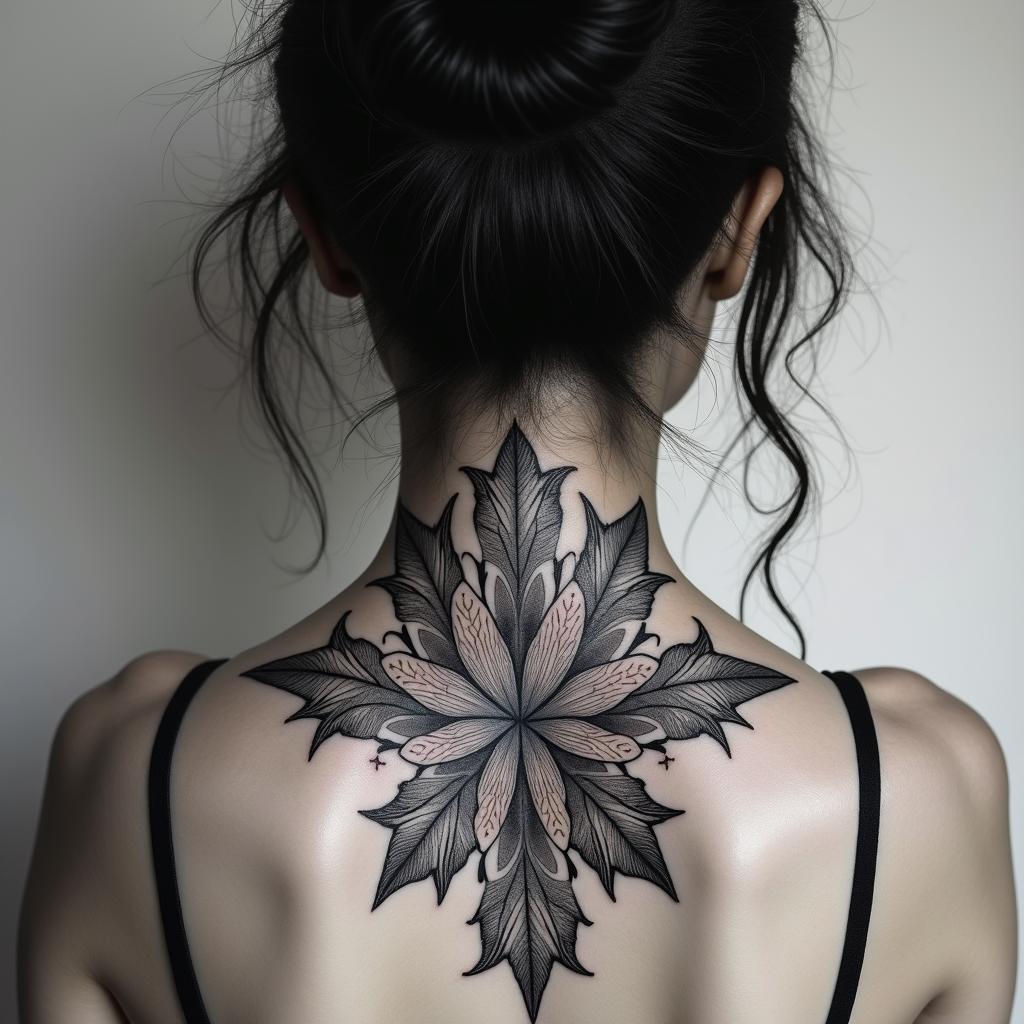 Different leafs and a tropical jungle mix with mandela artin ornamental tattoo style, featuring intricate symmetrical patterns and floral designs, showcasing highly detailed line work and geometric shapes, creating a sense of elegance and balance - Variation 4