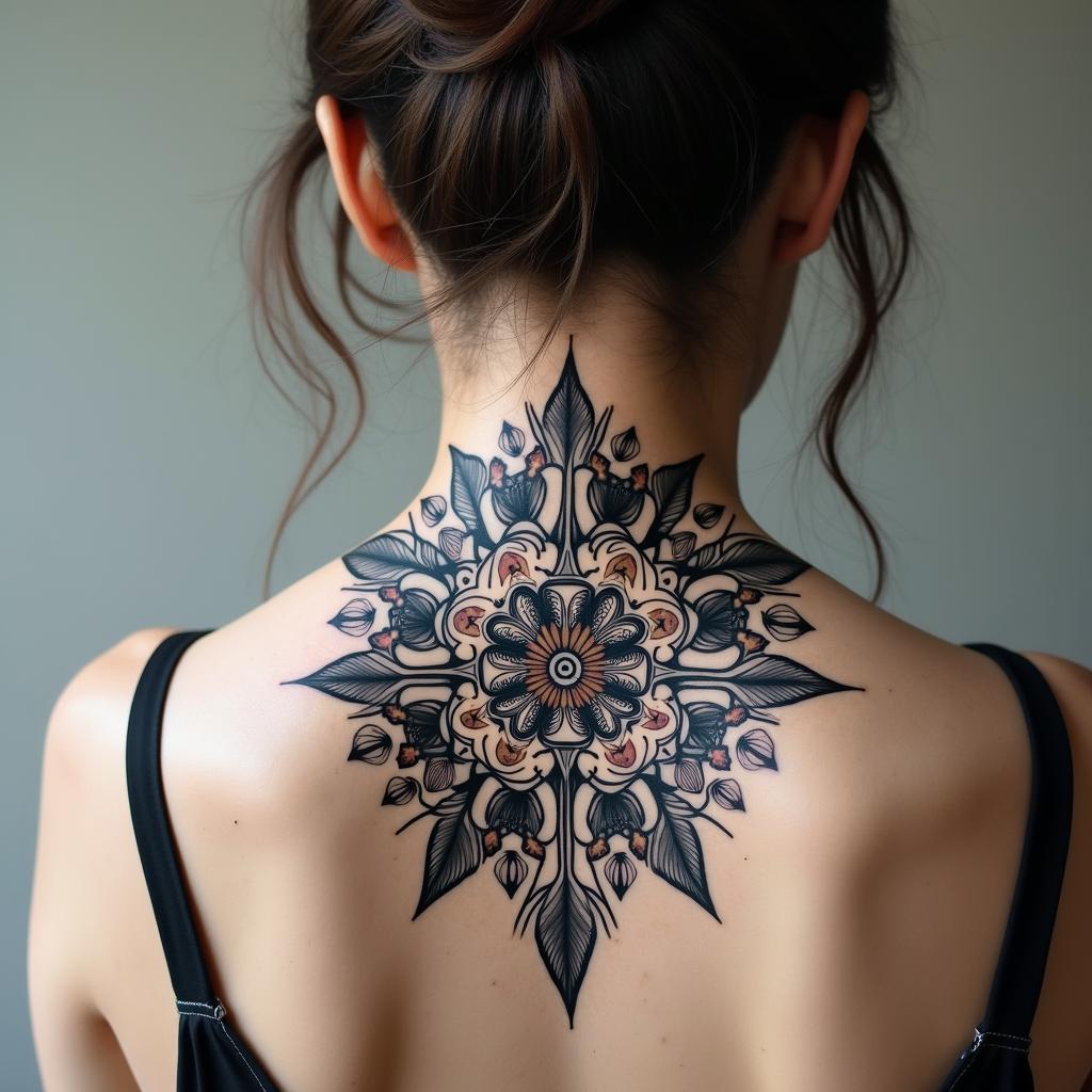 Different leafs and a tropical jungle mix with mandela artin ornamental tattoo style, featuring intricate symmetrical patterns and floral designs, showcasing highly detailed line work and geometric shapes, creating a sense of elegance and balance - Variation 3