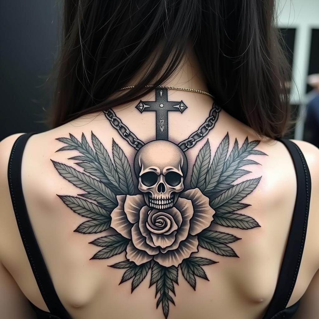 Different leafs and a tropical jungle mix with mandela artin chicano style tattoo, featuring intricate black and grey shading, bold elements of traditional chicano culture symbols, add a big cross with skull, chains and roses - Variation 3
