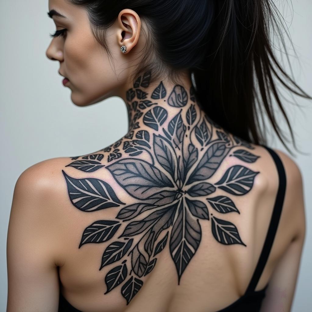 Different leafs and a tropical jungle mix with mandela artin tribal tattoo style, featuring bold and black geometric shapes, curved lines, intertwine and flow seamlessly, creating a powerful and symbolic design, polynesian and maori styles - Variation 3