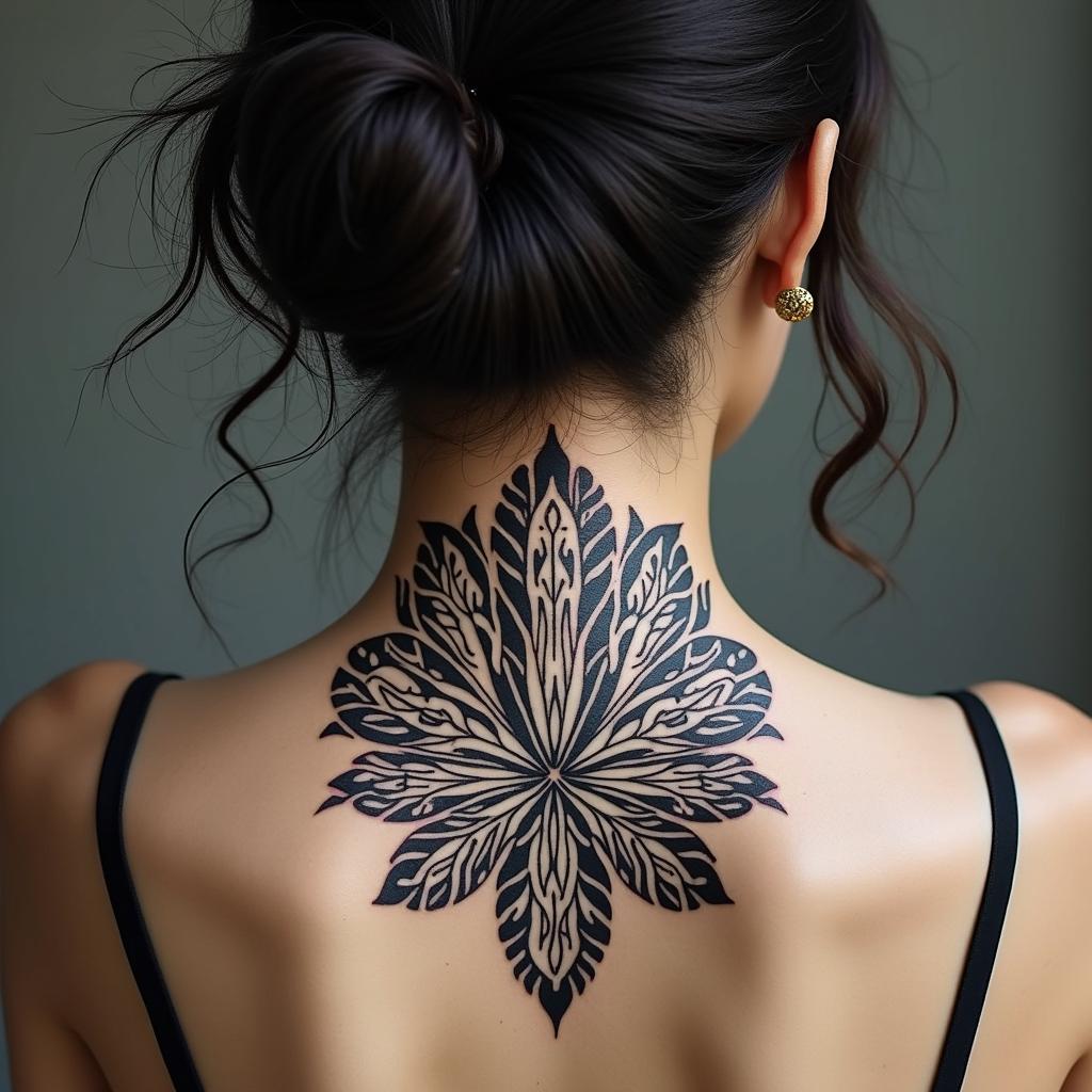 Different leafs and a tropical jungle mix with mandela artin tribal tattoo style, featuring bold and black geometric shapes, curved lines, intertwine and flow seamlessly, creating a powerful and symbolic design, polynesian and maori styles - Variation 2