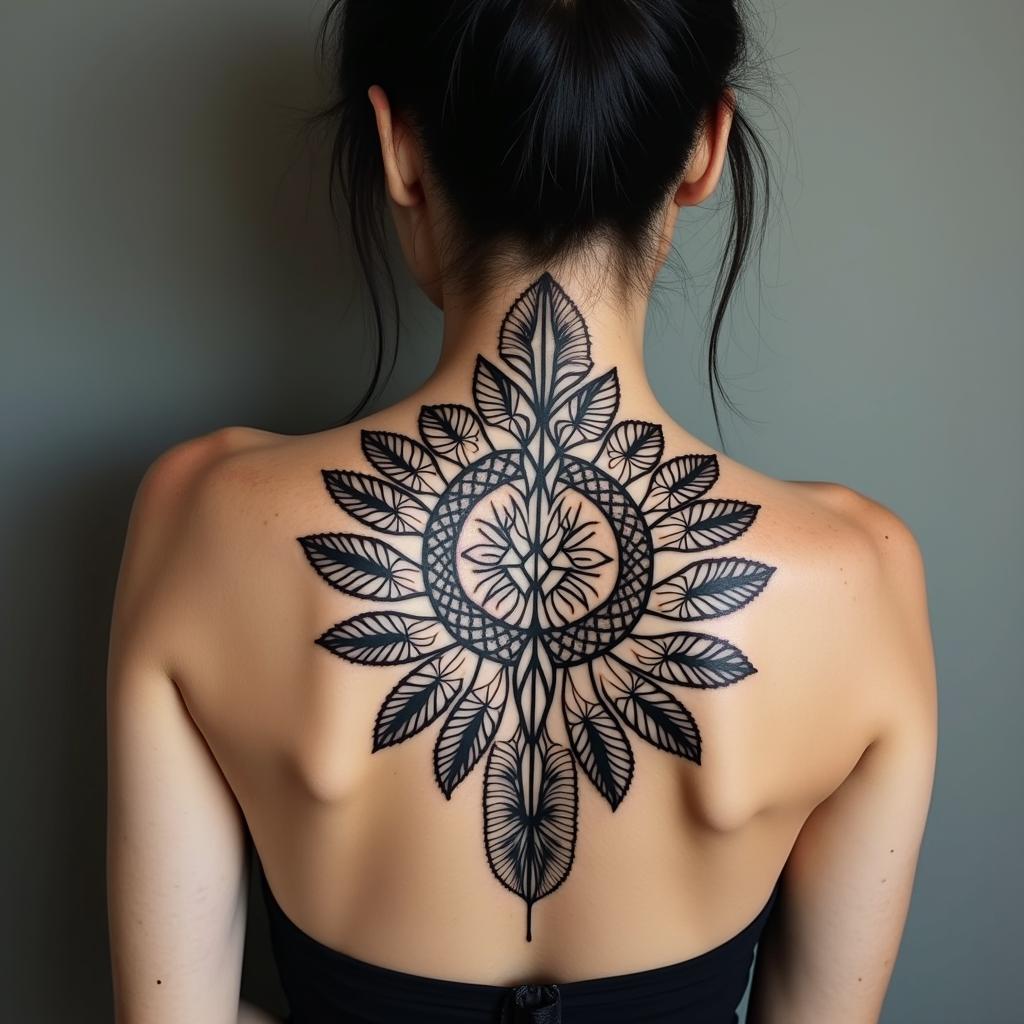 Different leafs and a tropical jungle mix with mandela artin tribal tattoo style, featuring bold and black geometric shapes, curved lines, intertwine and flow seamlessly, creating a powerful and symbolic design, polynesian and maori styles - Variation 1