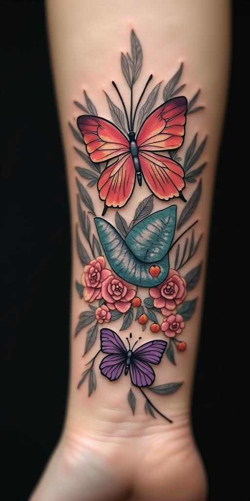 Fairies, butterflies,flowers, quotestext-based tattoo, gothic font ultra-realistic, perfectly placed, high-quality font design, photo-realistic shading, 8k, high quality, finely detailed typography - Variation 3