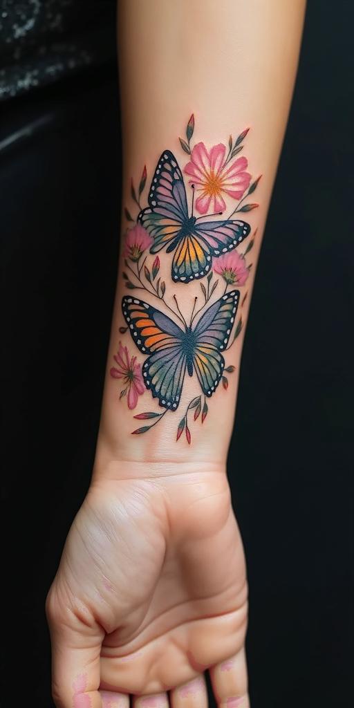 Fairies, butterflies,flowers, quotestext-based tattoo, gothic font ultra-realistic, perfectly placed, high-quality font design, photo-realistic shading, 8k, high quality, finely detailed typography