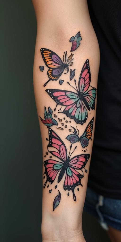 Fairies, butterflies,flowers, quotestext-based tattoo, gothic font ultra-realistic, perfectly placed, high-quality font design, photo-realistic shading, 8k, high quality, finely detailed typography - Variation 4