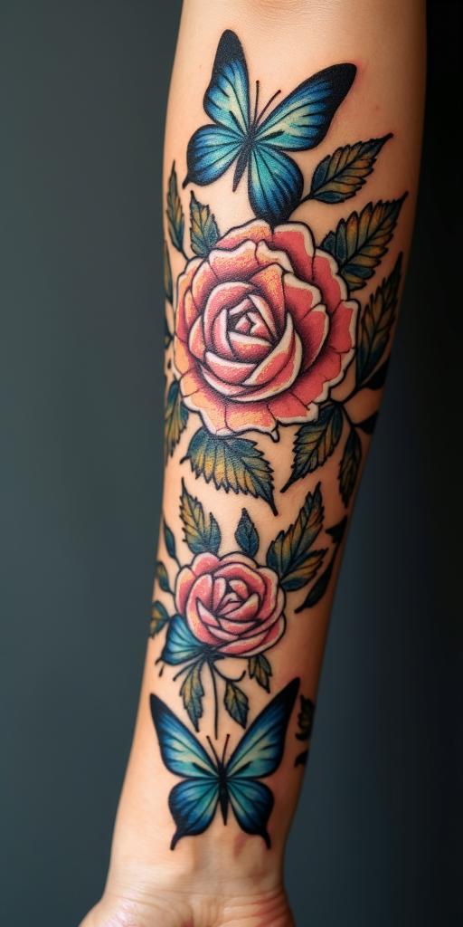 Fairies, butterflies,flowers, quotestext-based tattoo, gothic font ultra-realistic, perfectly placed, high-quality font design, photo-realistic shading, 8k, high quality, finely detailed typography - Variation 2