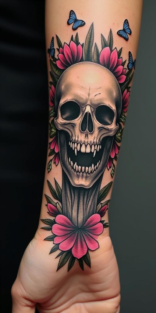 Fairies, butterflies,flowers, quotescreepy horror tattoo style, featuring an eerie and unsettling skull of a demonic creature, distorted face with sharp fangs, add pentagram symbol - Variation 3