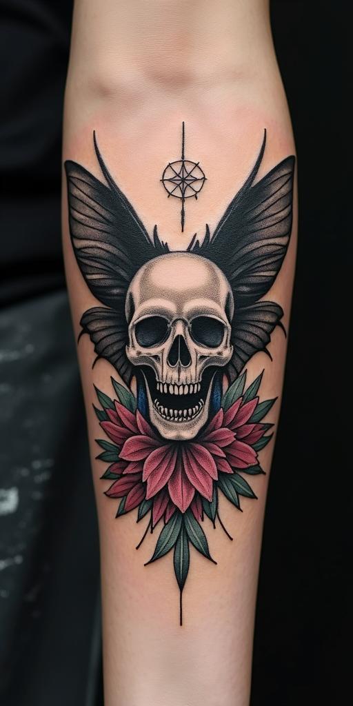 Fairies, butterflies,flowers, quotescreepy horror tattoo style, featuring an eerie and unsettling skull of a demonic creature, distorted face with sharp fangs, add pentagram symbol - Variation 4