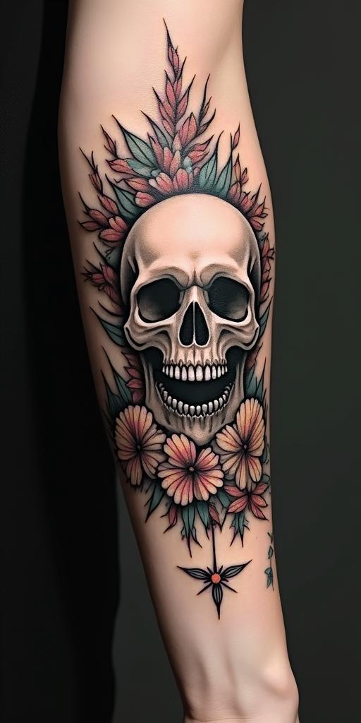 Fairies, butterflies,flowers, quotescreepy horror tattoo style, featuring an eerie and unsettling skull of a demonic creature, distorted face with sharp fangs, add pentagram symbol - Variation 2