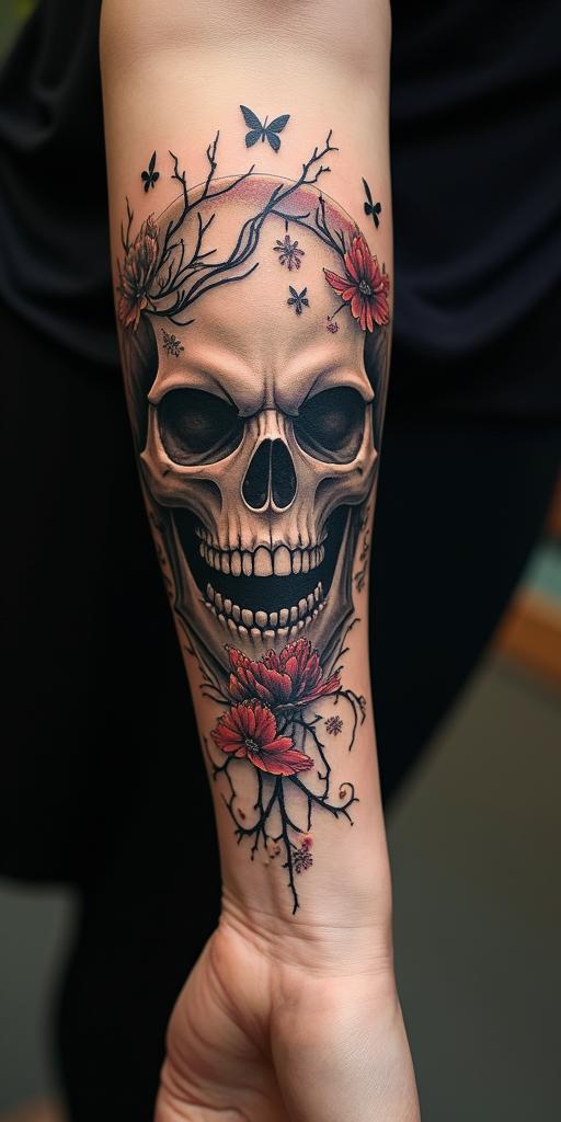 Fairies, butterflies,flowers, quotescreepy horror tattoo style, featuring an eerie and unsettling skull of a demonic creature, distorted face with sharp fangs, add pentagram symbol
