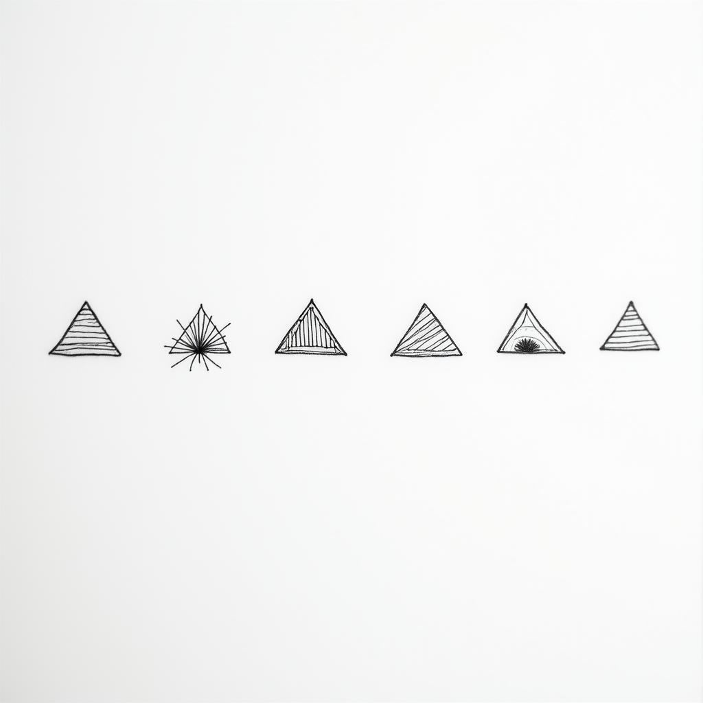 Several small minimalist drawings that represent the motivations of life.in minimalist style tattoo, featuring simple shapes and fine lines, with minimal shading and details, tiny triangles, creating a sense of balance and harmony