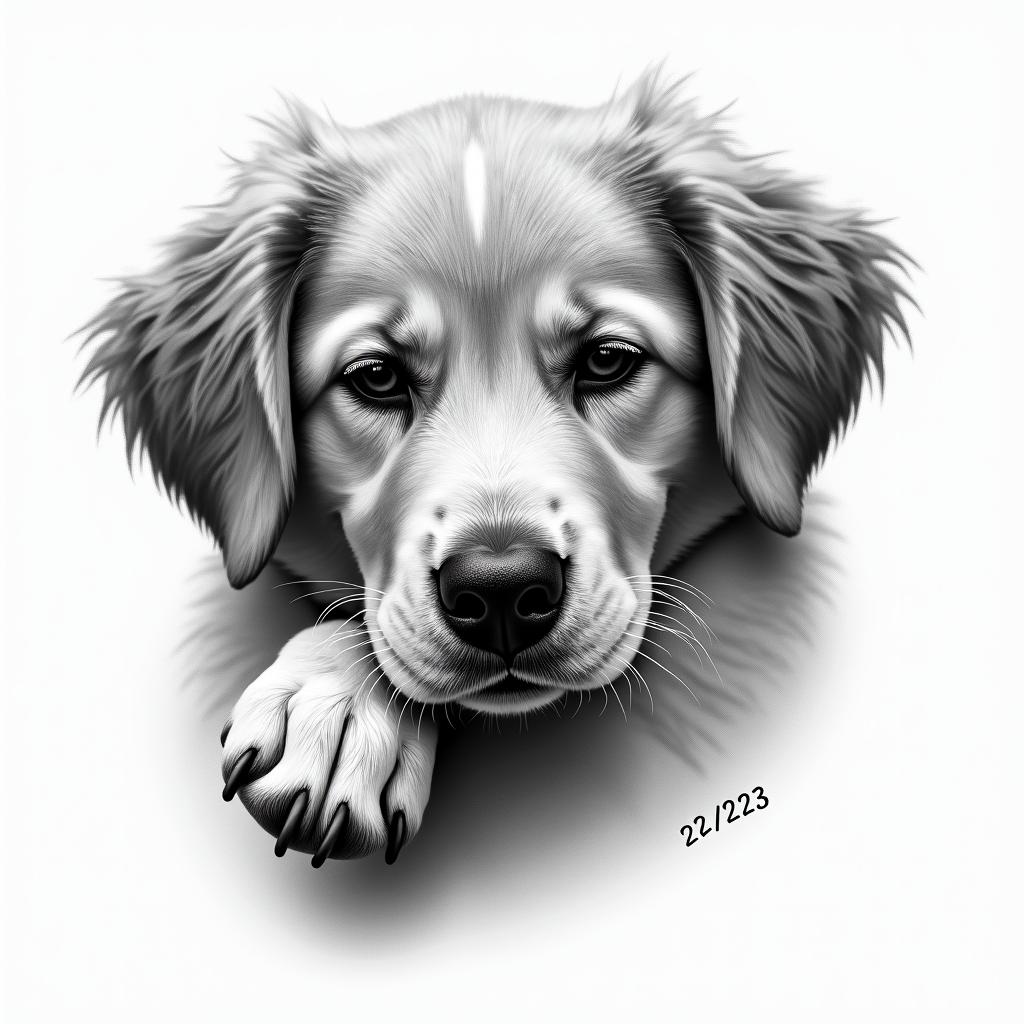 A realistic portrait of a beloved dog’s face with a paw reaching out, symbolizing companionship, with a small, subtle date "23/12/23" included in the design. The dog is depicted peacefully, evoking feelings of safety and love, showcasing the deep bond between the dog and owner.higly detailed tattoo - Variation 2