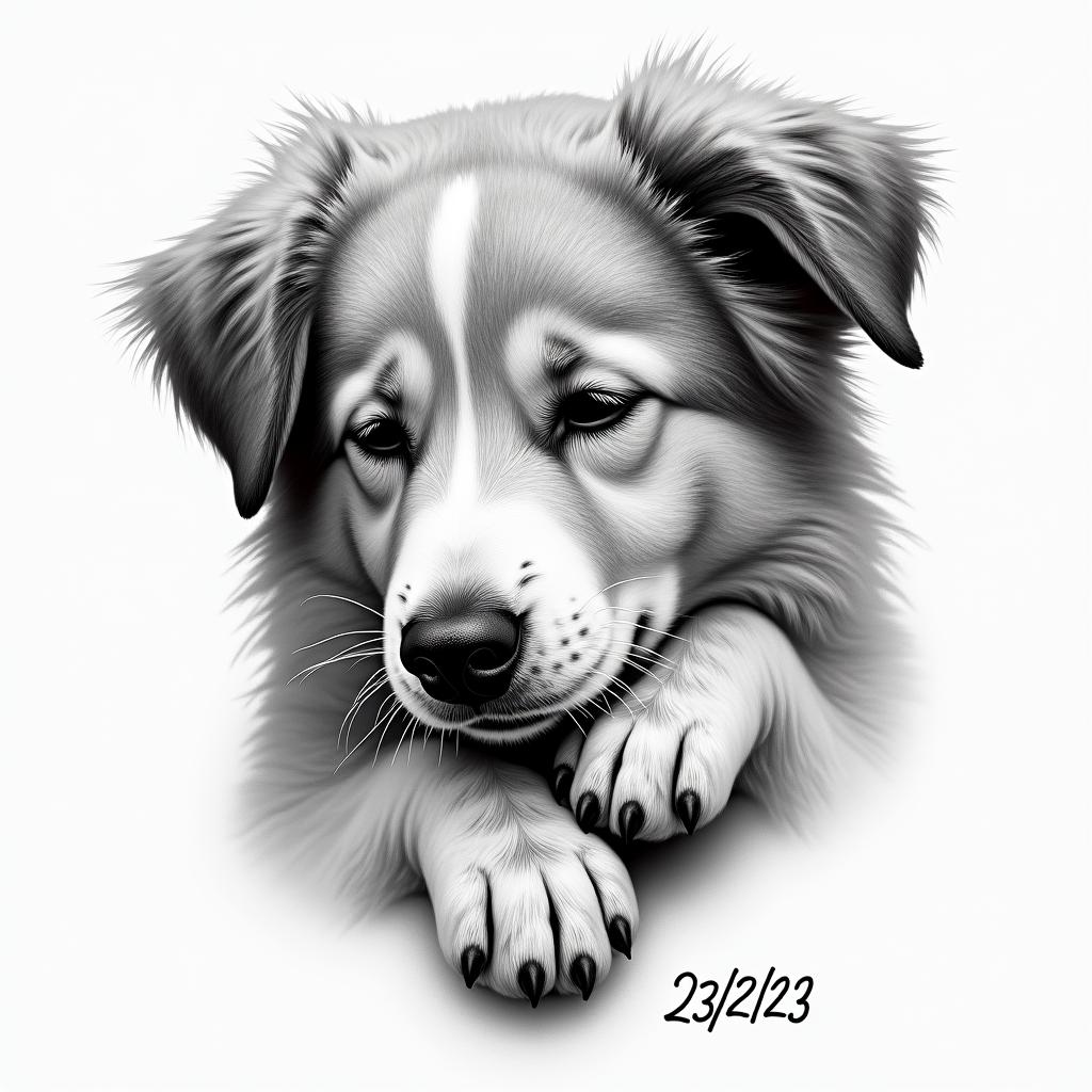 A realistic portrait of a beloved dog’s face with a paw reaching out, symbolizing companionship, with a small, subtle date "23/12/23" included in the design. The dog is depicted peacefully, evoking feelings of safety and love, showcasing the deep bond between the dog and owner.higly detailed tattoo - Variation 4