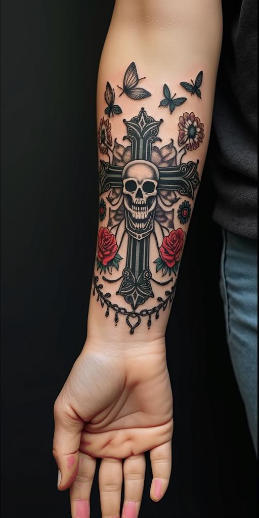 Fairies, butterflies,flowers, quotesin chicano style tattoo, featuring intricate black and grey shading, bold elements of traditional chicano culture symbols, add a big cross with skull, chains and roses - Variation 3