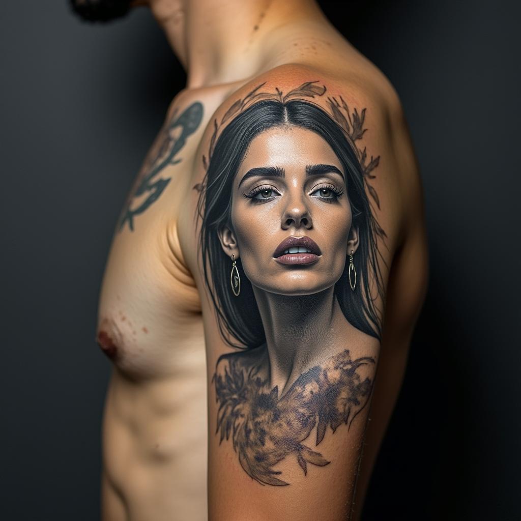 SANTIAGOin portrait tattoo style, featuring a highly realistic and detailed depiction 
