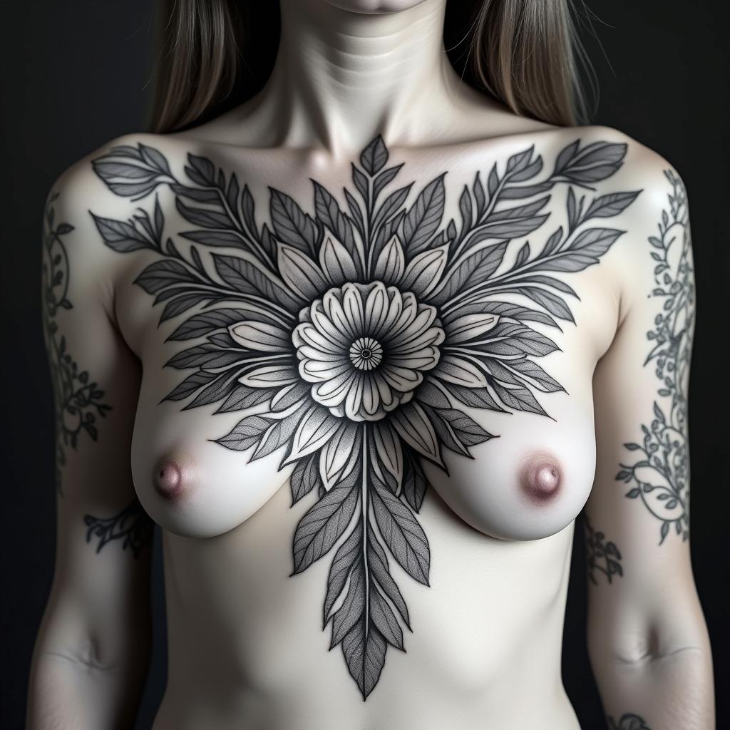Random Different leafs and a tropical jungle mix with mandela art tattoosin ornamental tattoo style, featuring intricate symmetrical patterns and floral designs, showcasing highly detailed line work and geometric shapes, creating a sense of elegance and balance