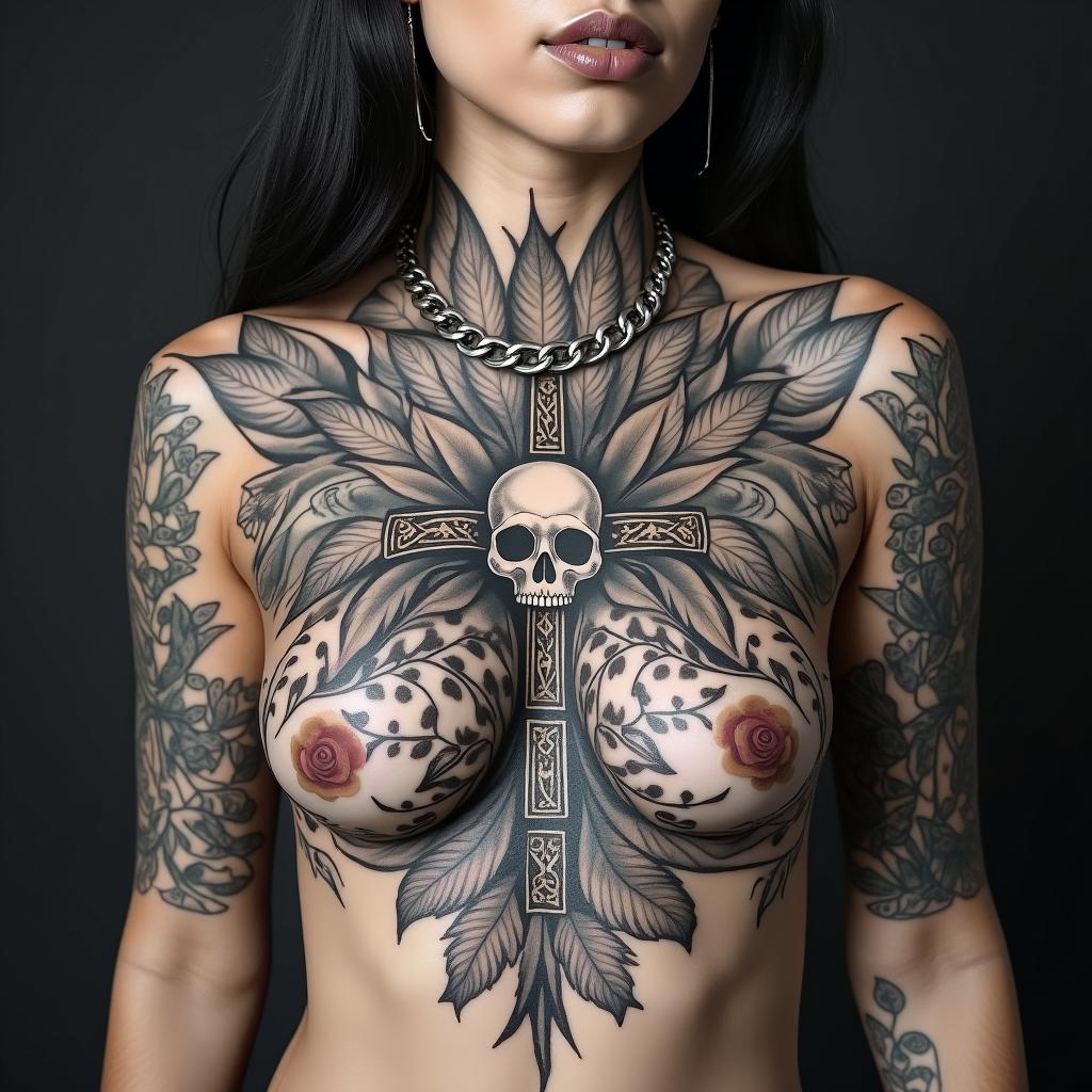 Random Different leafs and a tropical jungle mix with mandela art tattoosin chicano style tattoo, featuring intricate black and grey shading, bold elements of traditional chicano culture symbols, add a big cross with skull, chains and roses - Variation 3