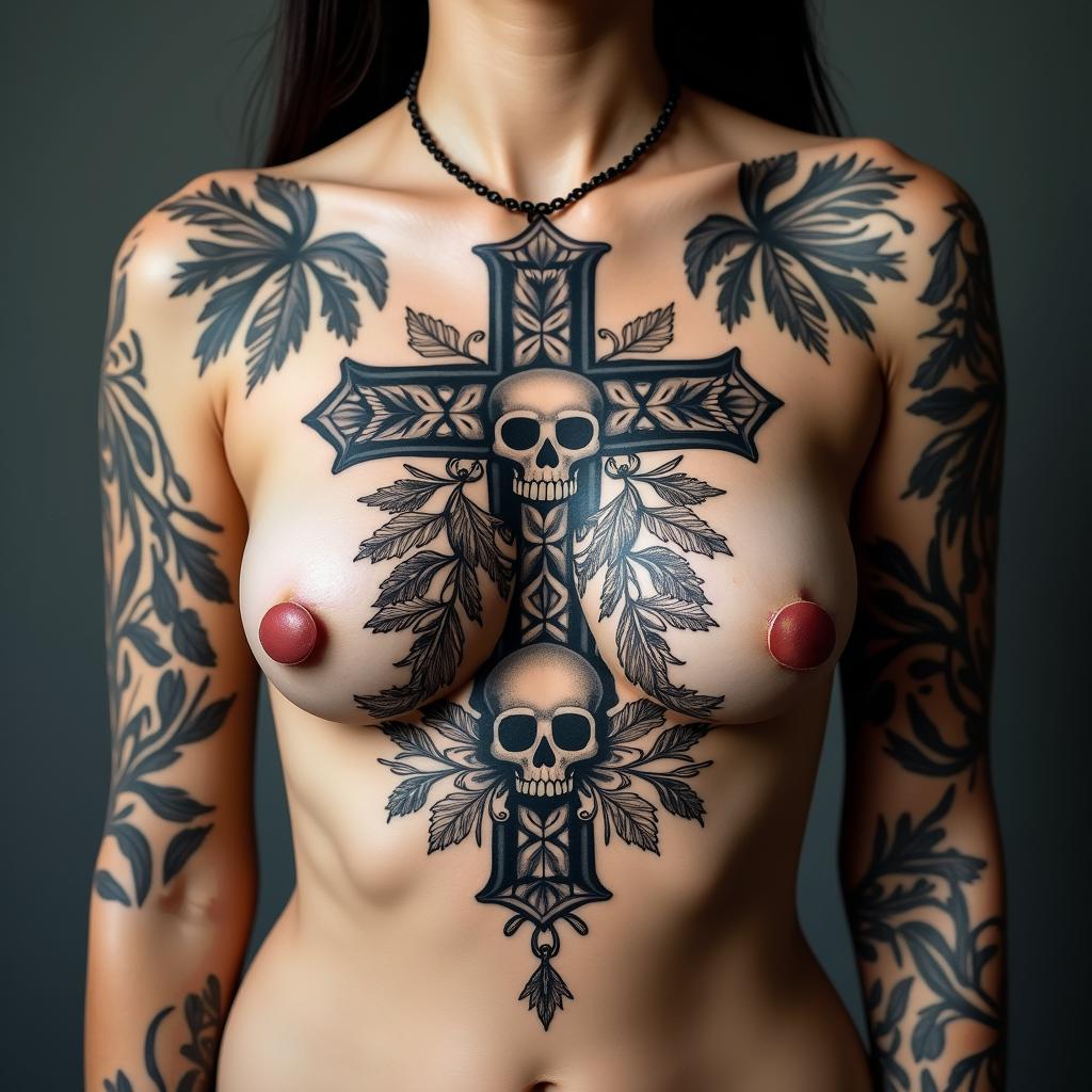 Random Different leafs and a tropical jungle mix with mandela art tattoosin chicano style tattoo, featuring intricate black and grey shading, bold elements of traditional chicano culture symbols, add a big cross with skull, chains and roses