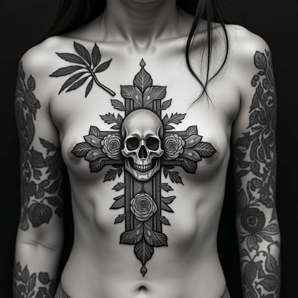 Random Different leafs and a tropical jungle mix with mandela art tattoosin chicano style tattoo, featuring intricate black and grey shading, bold elements of traditional chicano culture symbols, add a big cross with skull, chains and roses - Variation 2
