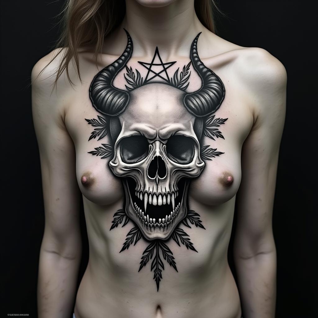 Random Different leafs and a tropical jungle mix with mandela art tattooscreepy horror tattoo style, featuring an eerie and unsettling skull of a demonic creature, distorted face with sharp fangs, add pentagram symbol - Variation 2