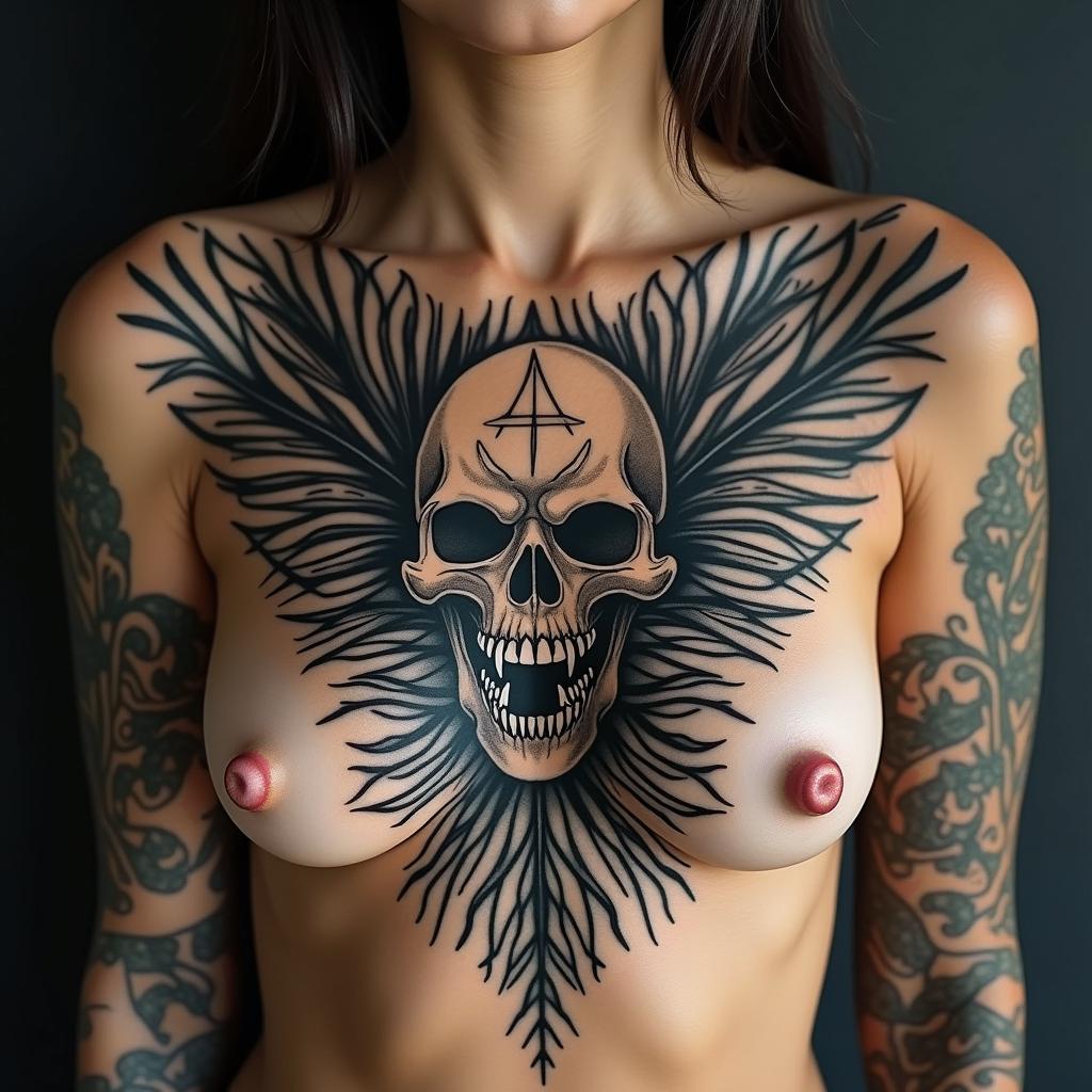 Random Different leafs and a tropical jungle mix with mandela art tattooscreepy horror tattoo style, featuring an eerie and unsettling skull of a demonic creature, distorted face with sharp fangs, add pentagram symbol - Variation 3