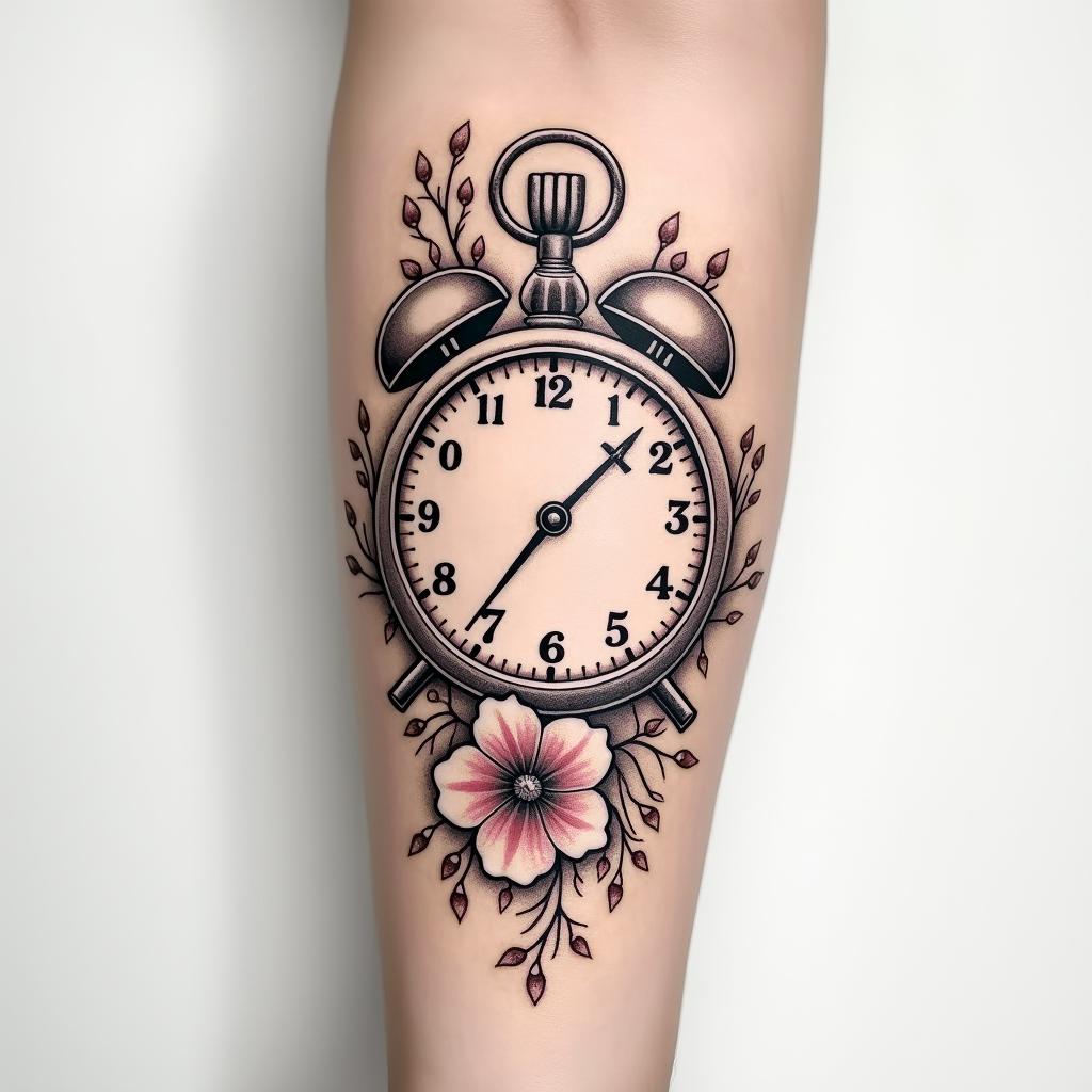 A mid-arm sleeve tattoo featuring a beautifully designed clock showing the time at 6:11 and incorporating the date 1/17, symbolizing the birth of a daughter. The clock is intertwined with delicate flowers and a soft, elegant script that includes the daughter's name or initials, styled in a whimsical and minimalistic approach, with a color palette of soft pastels for a dreamy effect.higly detailed tattoo