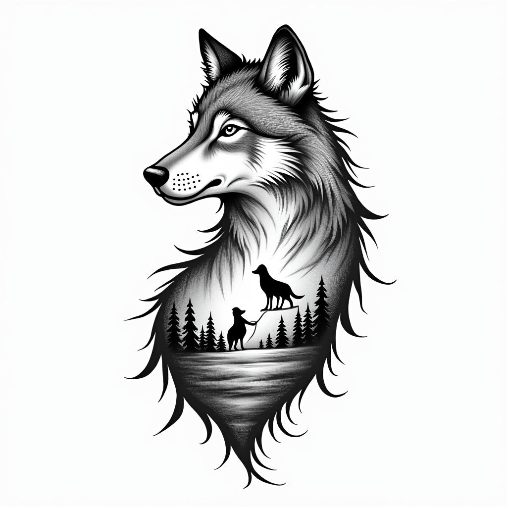 A feminine tattoo design featuring a protective wolf symbolizing a nurturing mother with her two boys represented by small, intertwined silhouettes. Incorporate elements of canyons and natural landscapes to reflect a love for travel, with a simple black outline style.higly detailed tattoo - Variation 2