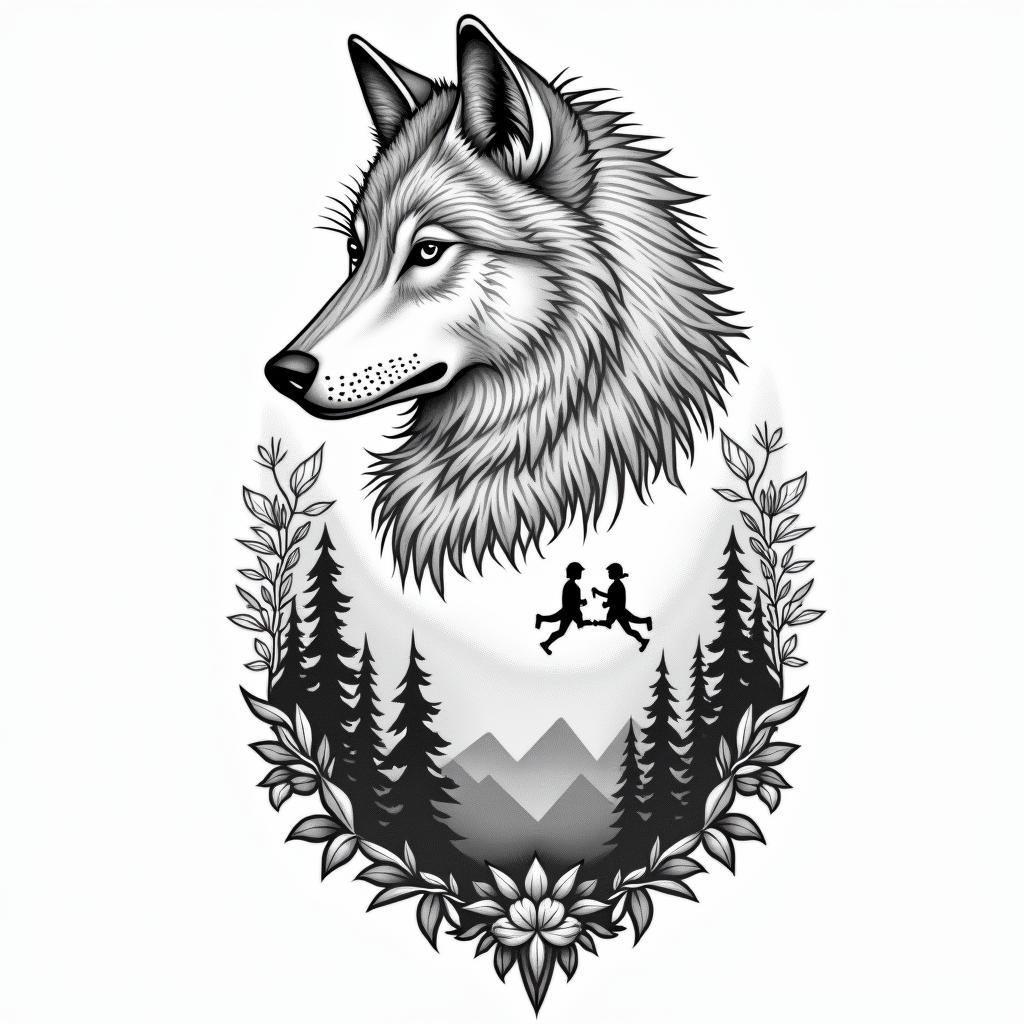 A feminine tattoo design featuring a protective wolf symbolizing a nurturing mother with her two boys represented by small, intertwined silhouettes. Incorporate elements of canyons and natural landscapes to reflect a love for travel, with a simple black outline style.higly detailed tattoo - Variation 3