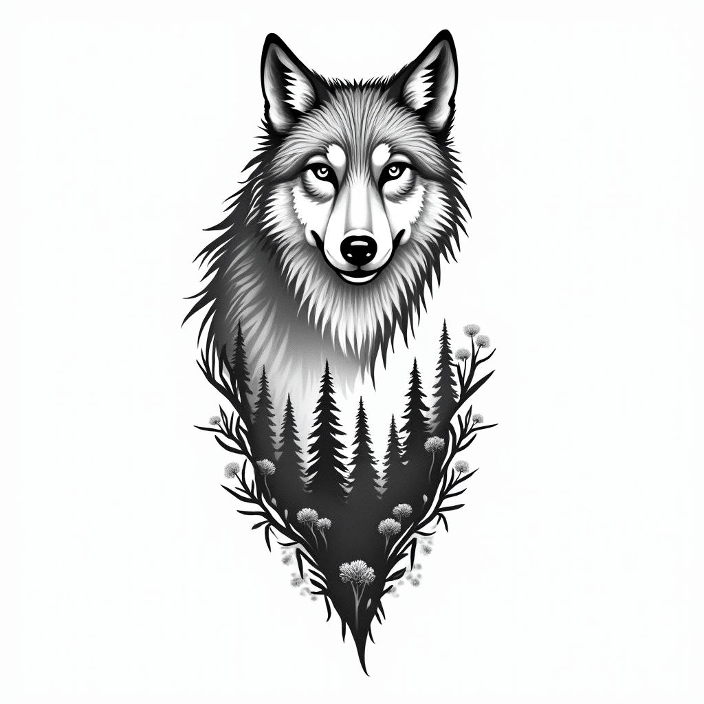 A feminine tattoo design featuring a protective wolf symbolizing a nurturing mother with her two boys represented by small, intertwined silhouettes. Incorporate elements of canyons and natural landscapes to reflect a love for travel, with a simple black outline style.higly detailed tattoo