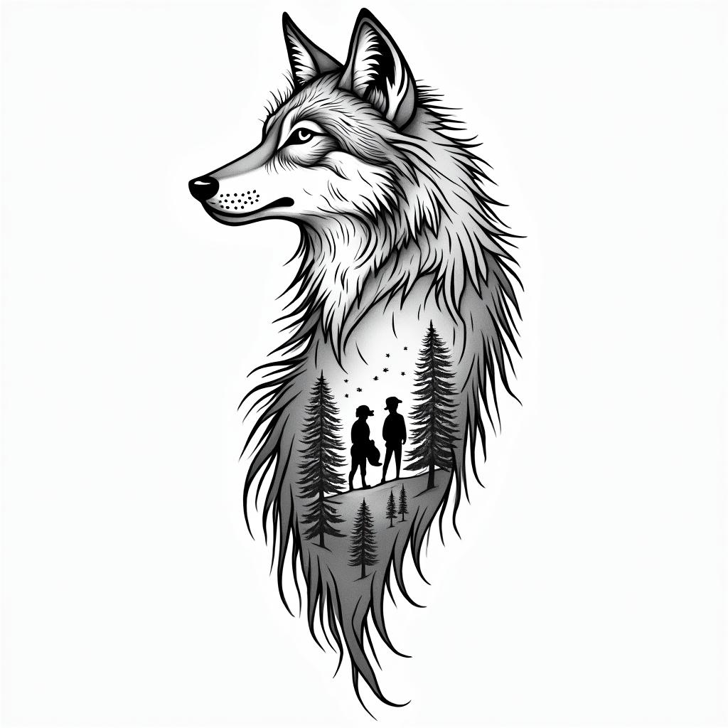 A feminine tattoo design featuring a protective wolf symbolizing a nurturing mother with her two boys represented by small, intertwined silhouettes. Incorporate elements of canyons and natural landscapes to reflect a love for travel, with a simple black outline style.higly detailed tattoo - Variation 4