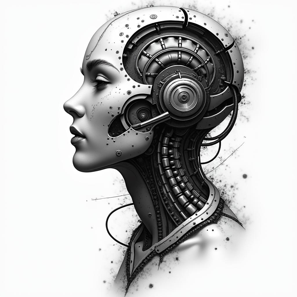 Deep industrial communist rootedtattoo in biomechanic style, the tattoo covered by robotic elements of futuristic cyberpunk design, robotic features detail, showcasing intricate mechanical components