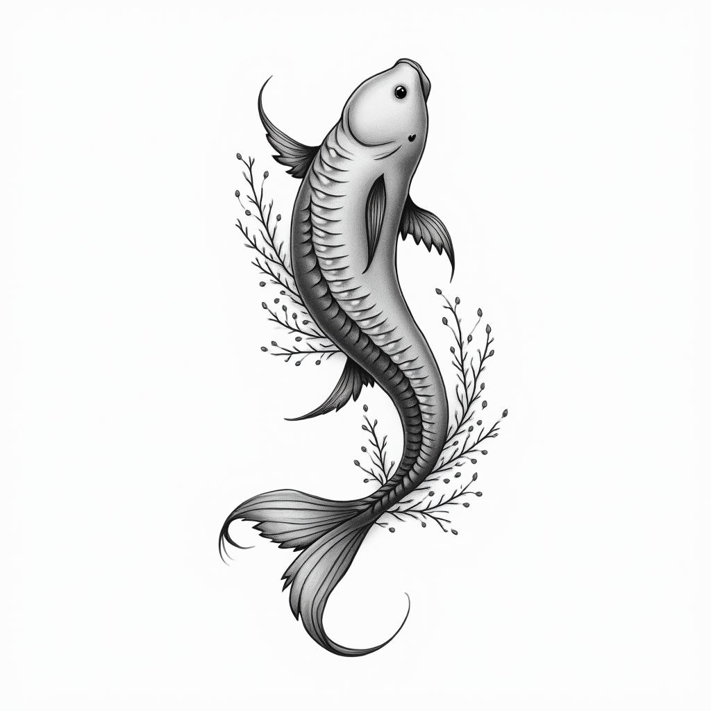 A symbolic representation of the sign of Pisces, delicately integrated with water motifs such as waves and droplets, in a fine and minimalist style, emphasizing fluidity and lightness, to celebrate the connection with the son named James, without text.higly detailed tattoo