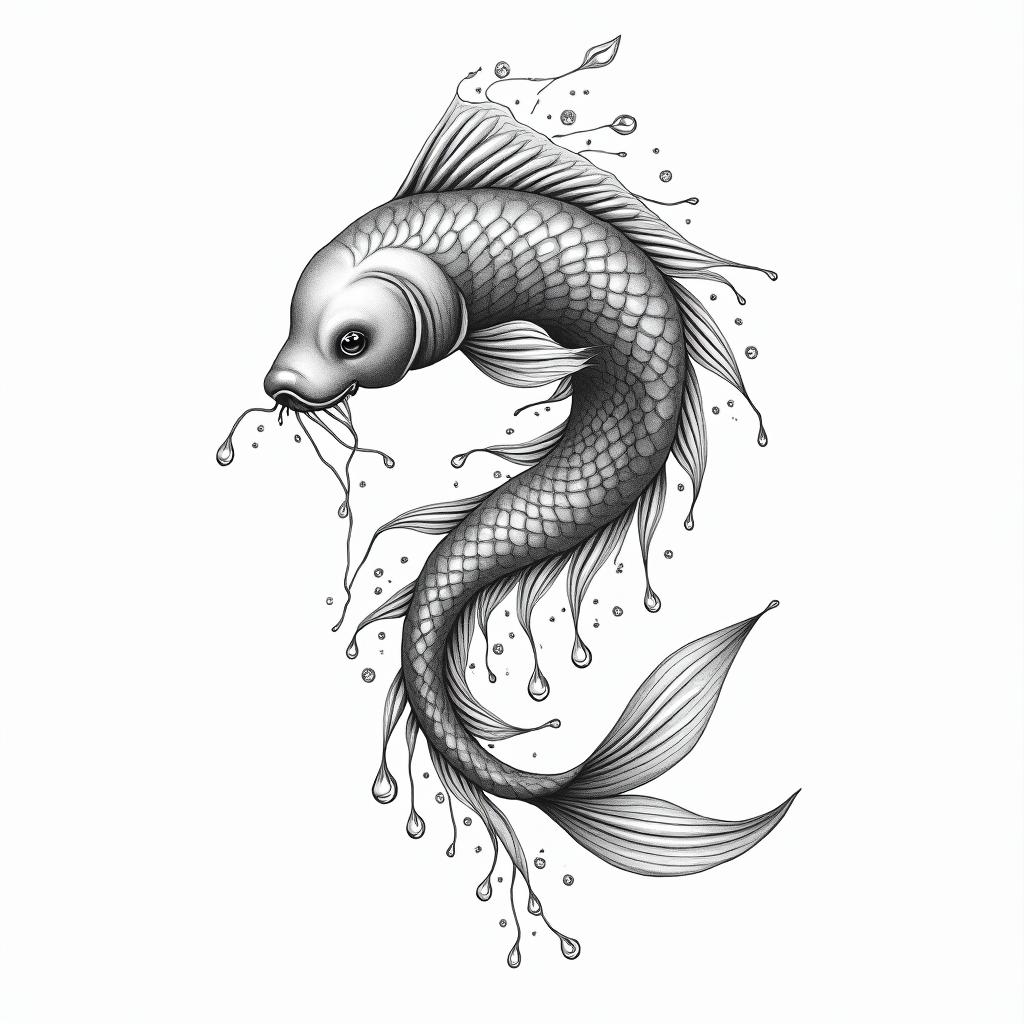 A symbolic representation of the sign of Pisces, delicately integrated with water motifs such as waves and droplets, in a fine and minimalist style, emphasizing fluidity and lightness, to celebrate the connection with the son named James, without text.higly detailed tattoo - Variation 4