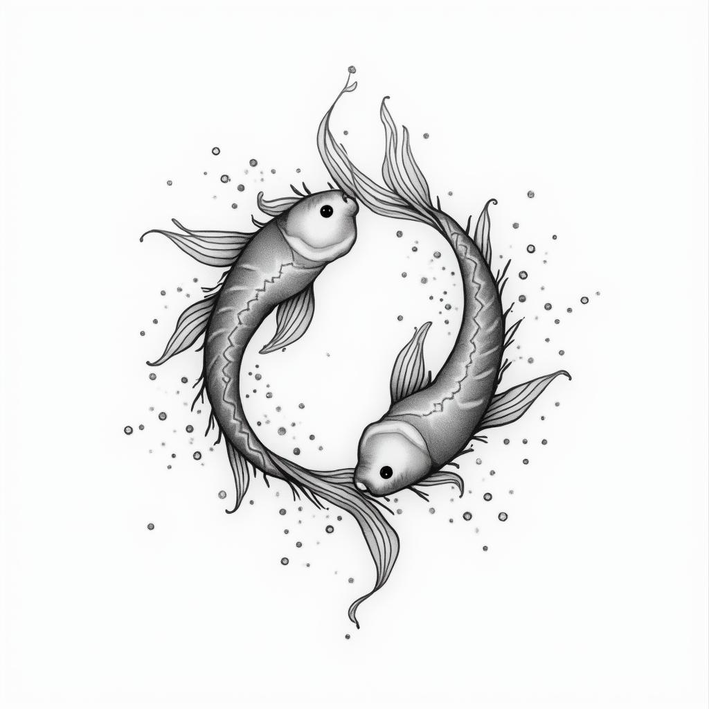 A symbolic representation of the sign of Pisces, delicately integrated with water motifs such as waves and droplets, in a fine and minimalist style, emphasizing fluidity and lightness, to celebrate the connection with the son named James, without text.higly detailed tattoo - Variation 2