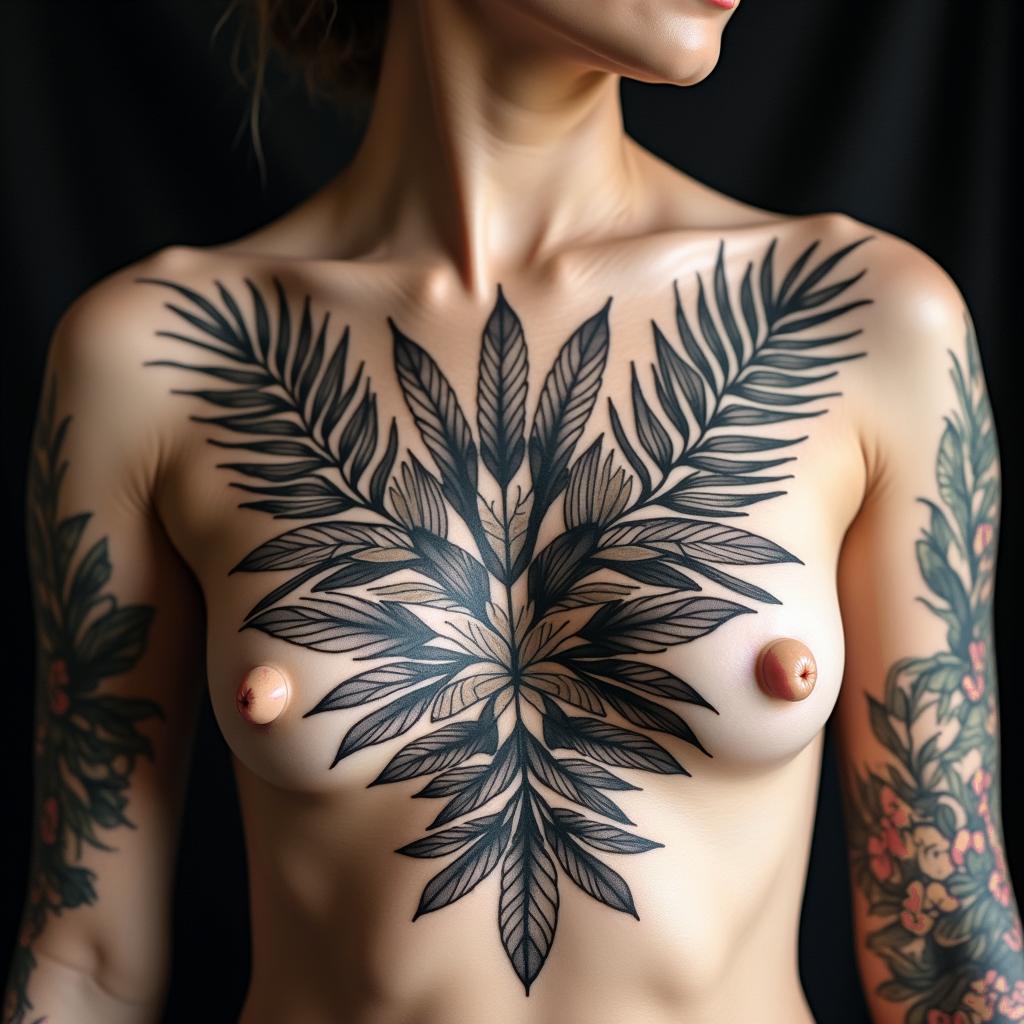 Lots of Different Tropical plants
 with unique placement that looks like a back ground for a main tattoo piece in a Mandela designhigly detailed tattoo - Variation 5