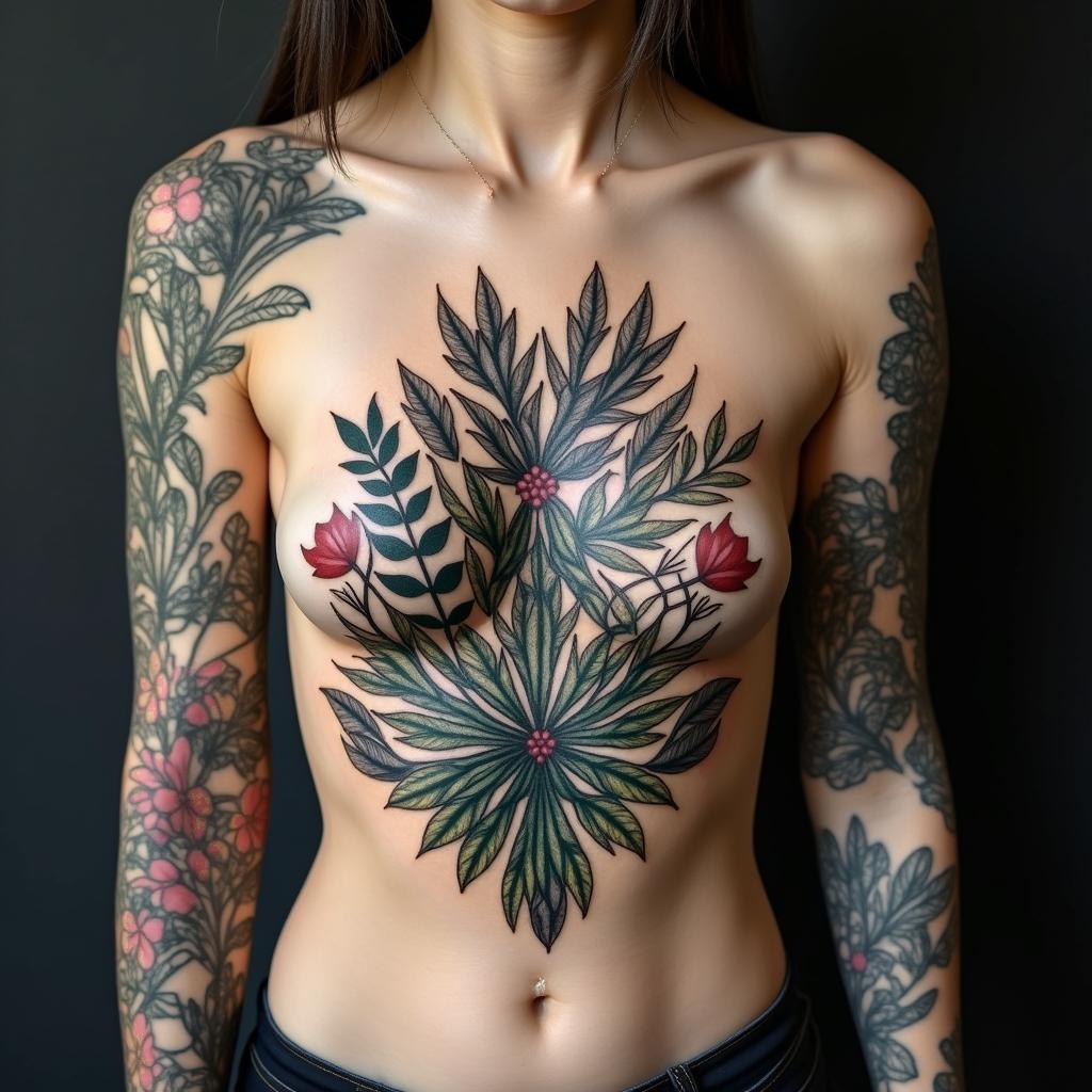 Lots of Different Tropical plants
with unique placement that looks like a back ground for a main tattoo piece in a Mandela designhigly detailed tattoo
