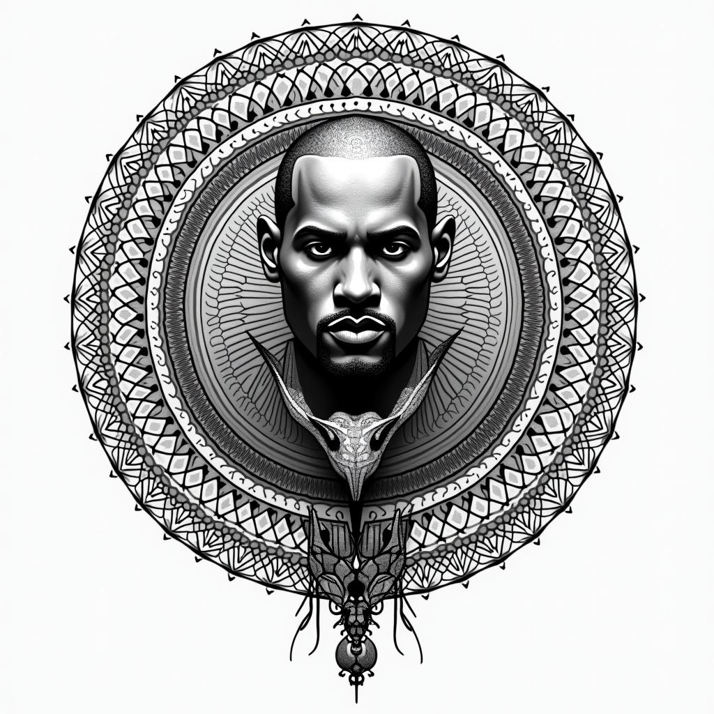 Black mamba, Kobe Bryantin dotwork style tattoo, complex mandala patterns, interlocking geometric shapes with sharp symmetry, clean lines, sharp angles - Variation 4