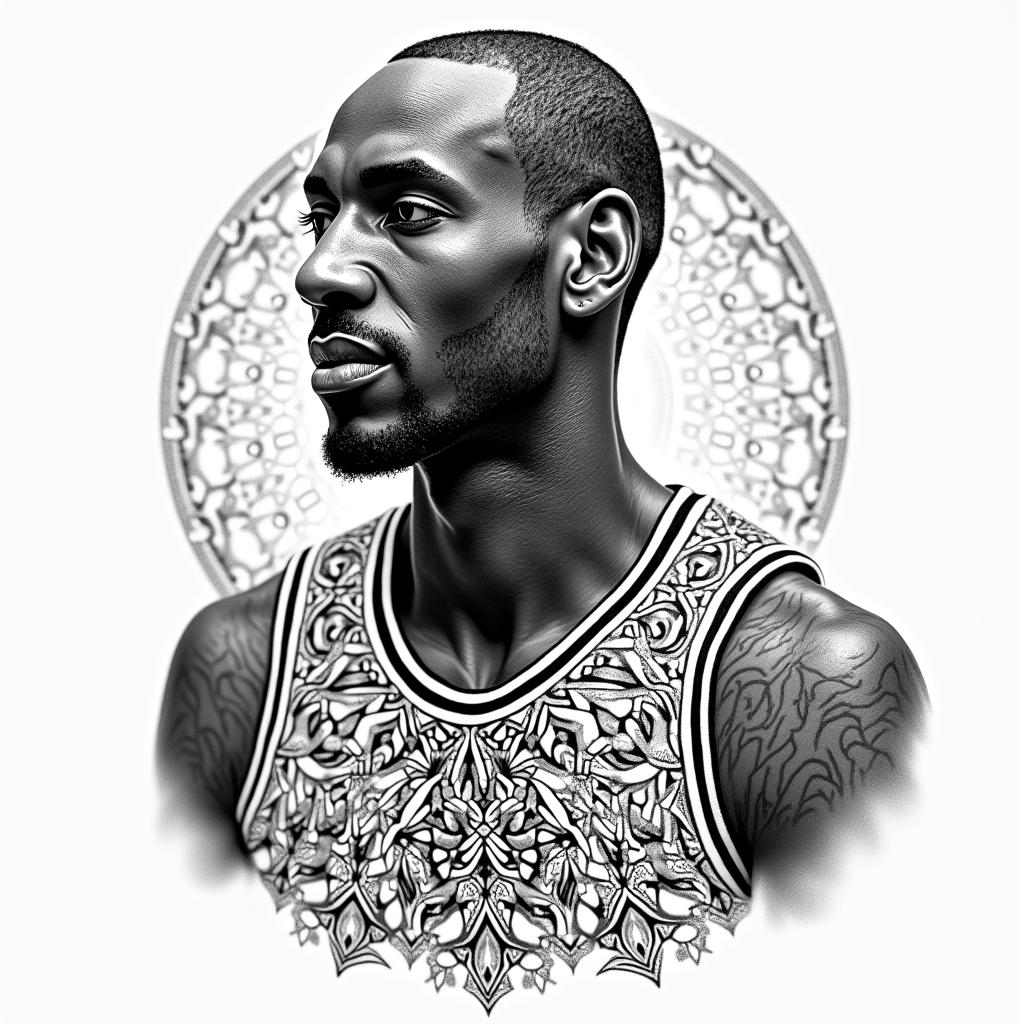Black mamba, Kobe Bryantin dotwork style tattoo, complex mandala patterns, interlocking geometric shapes with sharp symmetry, clean lines, sharp angles - Variation 2
