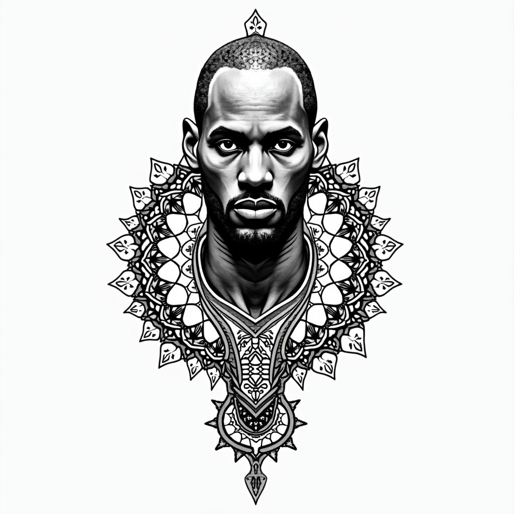 Black mamba, Kobe Bryantin dotwork style tattoo, complex mandala patterns, interlocking geometric shapes with sharp symmetry, clean lines, sharp angles