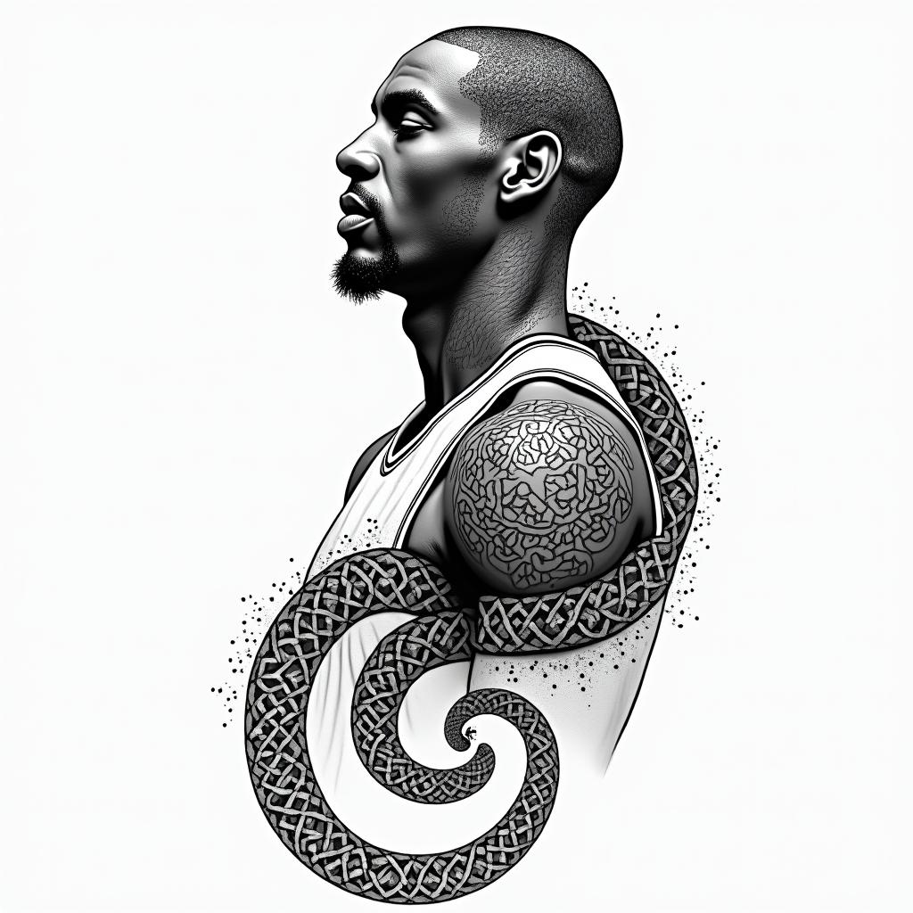Black mamba, Kobe Bryantin dotwork style tattoo, complex mandala patterns, interlocking geometric shapes with sharp symmetry, clean lines, sharp angles - Variation 3