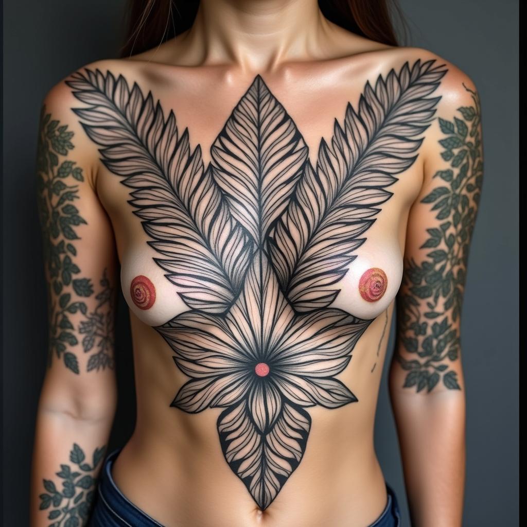Lots of Different Tropical plants
with unique placement that looks like a back ground for a main tattoo piece in a Mandela designin ornamental tattoo style, featuring intricate symmetrical patterns and floral designs, showcasing highly detailed line work and geometric shapes, creating a sense of elegance and balance - Variation 2