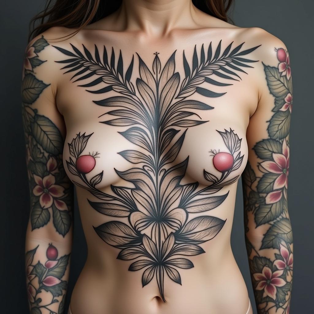 Lots of Different Tropical plants
with unique placement that looks like a back ground for a main tattoo piece in a Mandela designin ornamental tattoo style, featuring intricate symmetrical patterns and floral designs, showcasing highly detailed line work and geometric shapes, creating a sense of elegance and balance - Variation 4