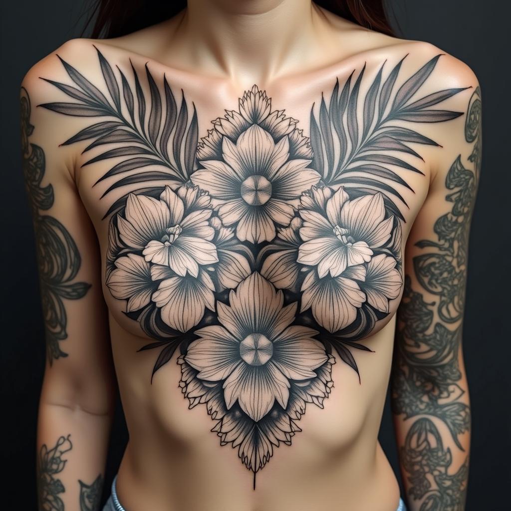 Lots of Different Tropical plants
with unique placement that looks like a back ground for a main tattoo piece in a Mandela designin ornamental tattoo style, featuring intricate symmetrical patterns and floral designs, showcasing highly detailed line work and geometric shapes, creating a sense of elegance and balance - Variation 3