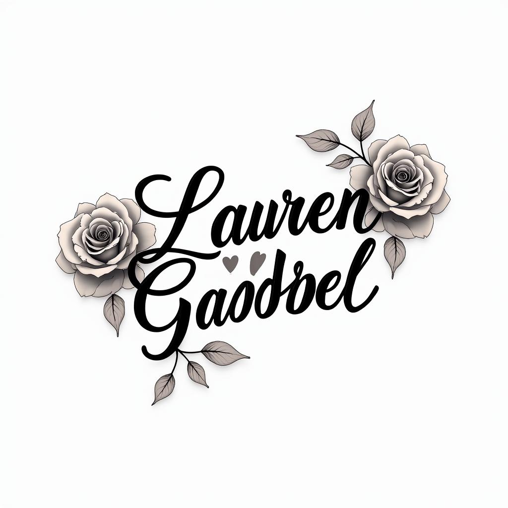 lauren gabrielin elegant cursive calligraphy style 2d tattoo, decorate with roses, featuring a smooth and flowing handwritten script with slightly thickened strokes for a luxurious and bold appearance,  heart symbol between names,  sleek and glossy black text with shadowing, minimalist matte white background, clean and sharp edges, illuminated with soft lighting, romantic, 8k, high-quality textures with refined typography - Variation 4